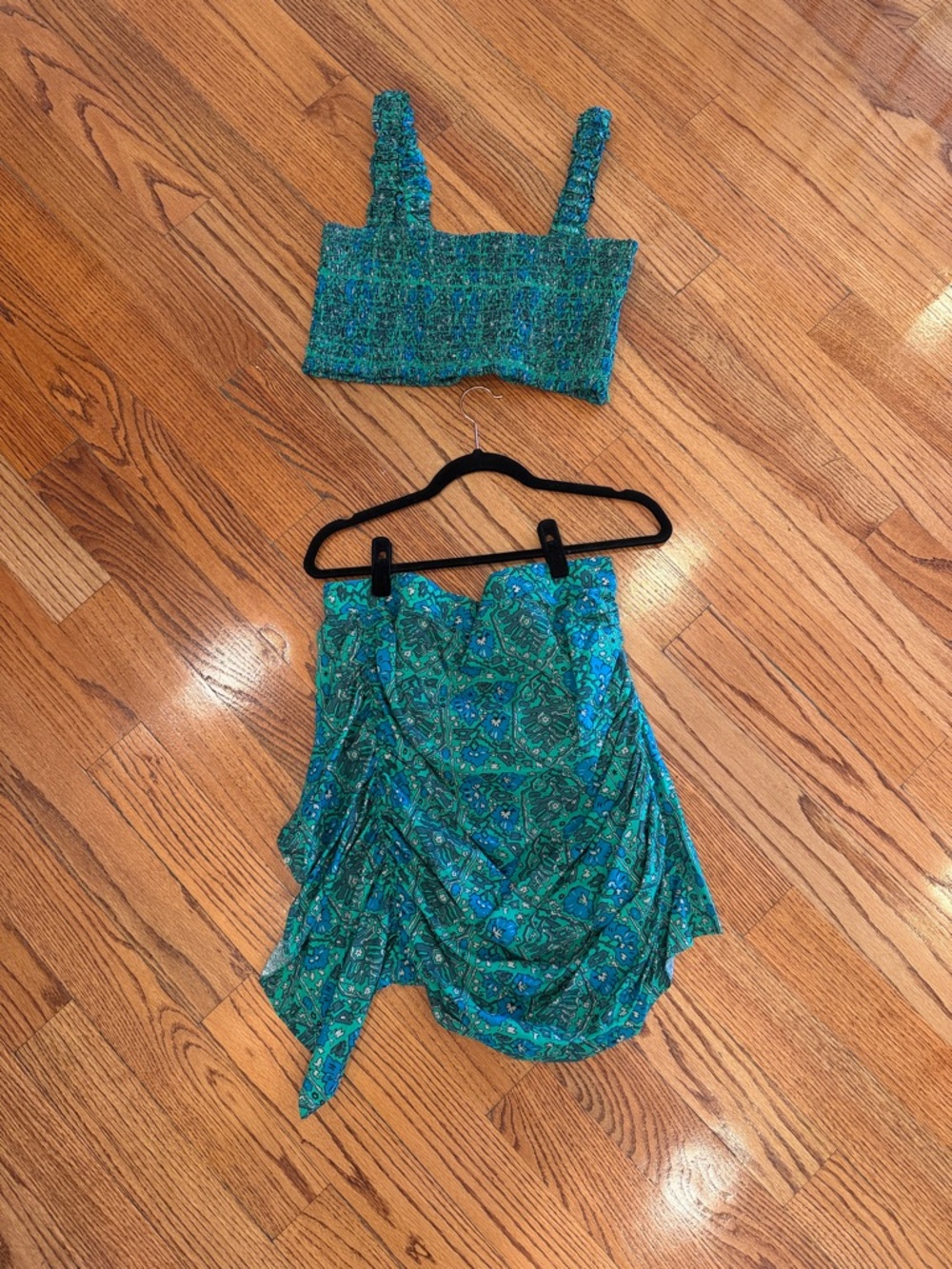 RHODE Teal Green Textured Cropped Tank and Paisley Wrap Skirt Set